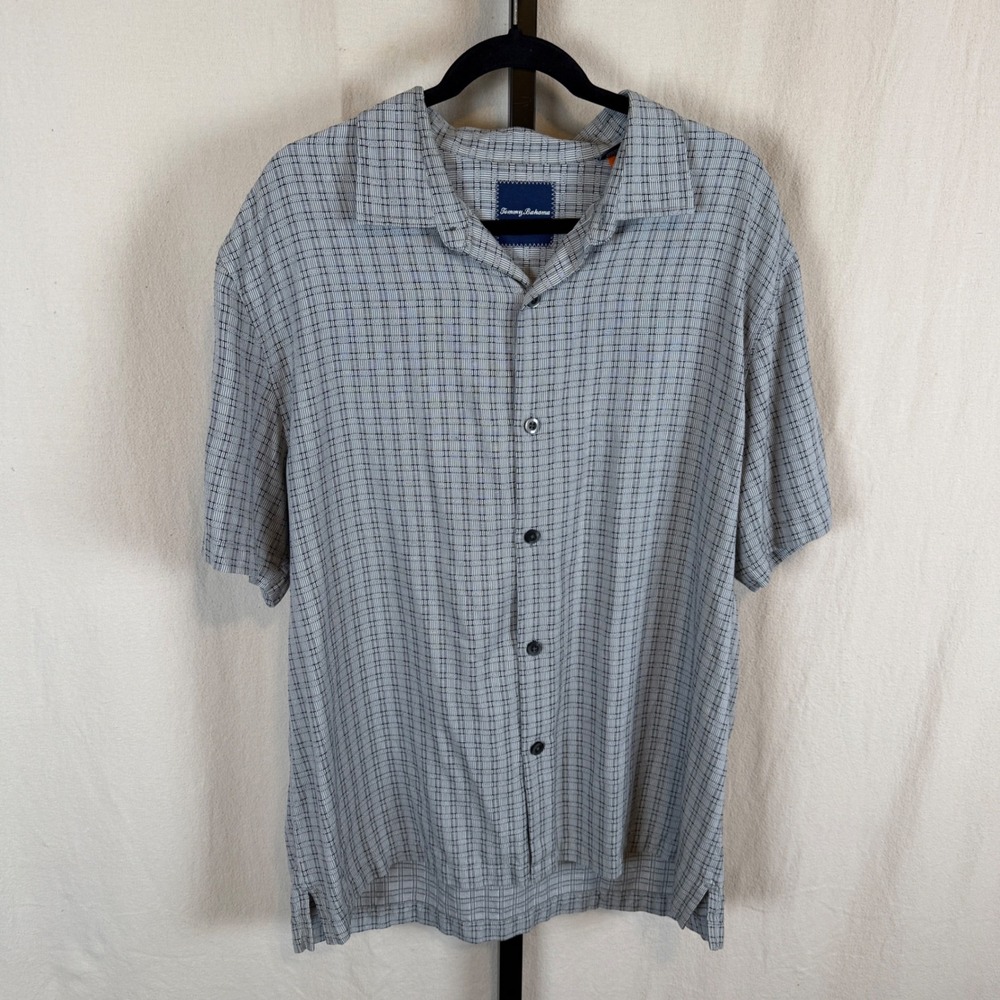Tommy Bahama Men's XL TG Silk Plaid Short Sleeve‎ Button Up Shirt Gray Aloha